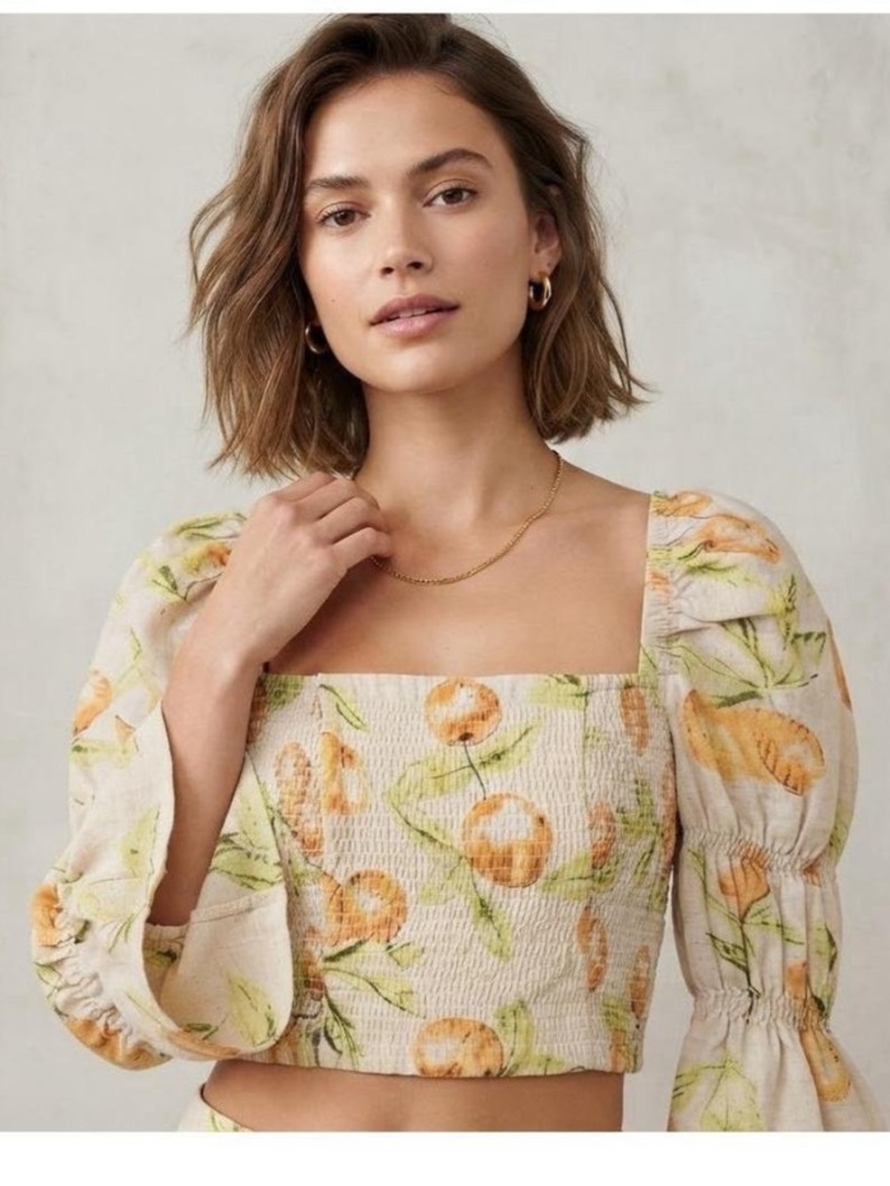 Urban Outfitters Orange Citrus Print Smocked Puff Sleeve Crop Top Cream & Orange